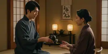 Traditional Japanese tea ceremony showcasing Omotenashi hospitality in a drama scene.