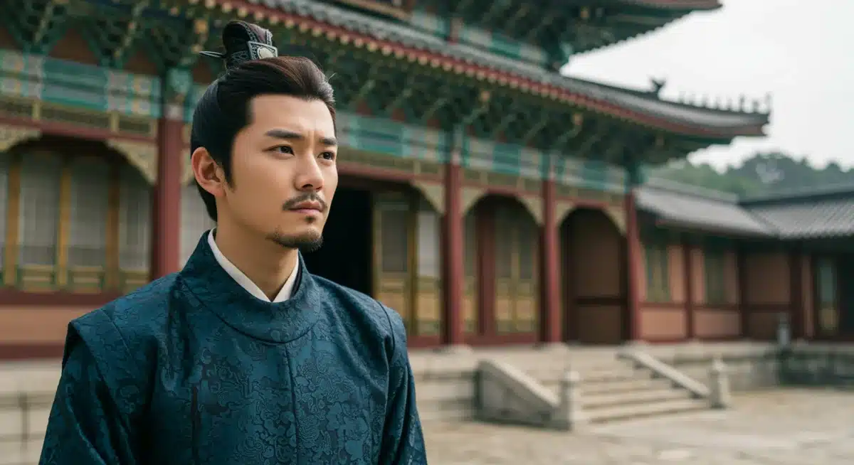 Actor in period costume, embodying a historical character with thoughtful expression, showcasing deep character understanding.