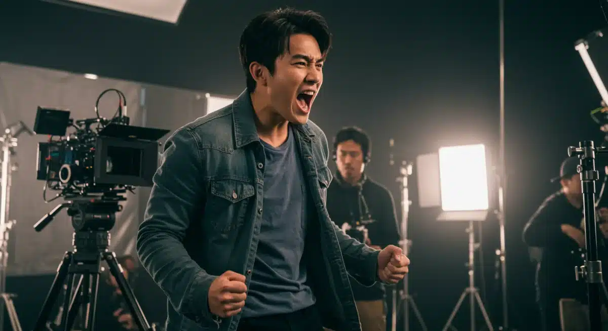 Rising Asian actor performing intensely on a modern drama set, captivating global audiences