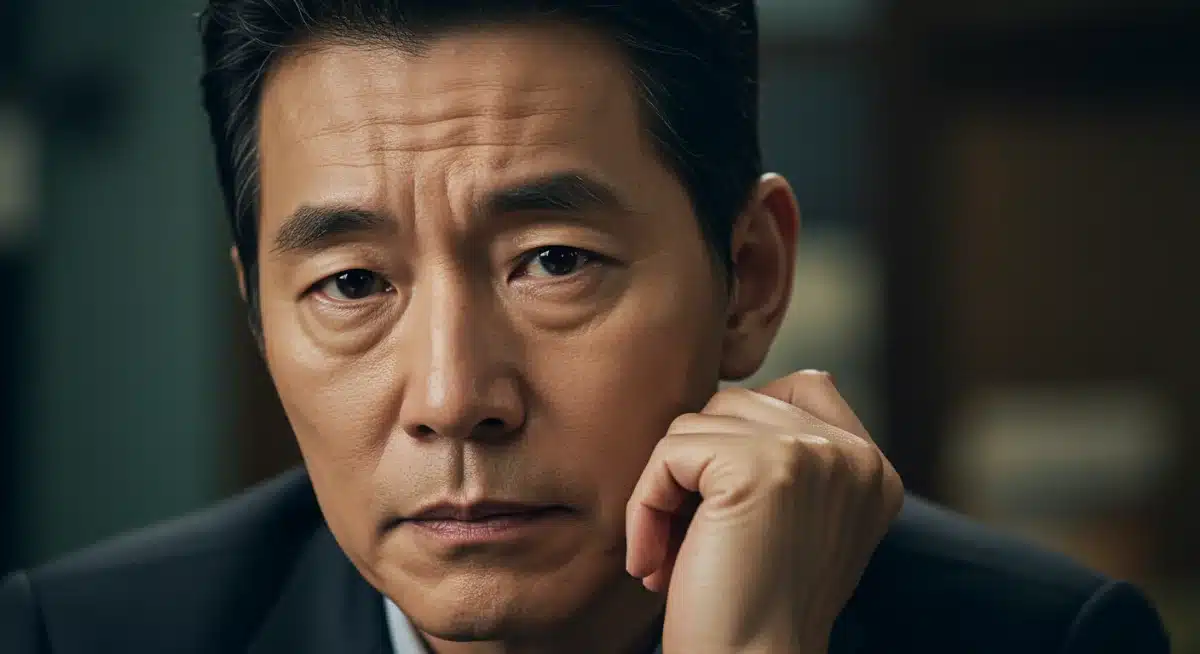 Close-up of a seasoned Korean actor, reflecting years of experience and wisdom in the industry
