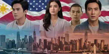 Dynamic collage of Thai and Filipino drama scenes entering the US market in 2025, featuring diverse actors and modern cinematography.