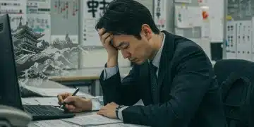 Stressed Japanese office worker in a modern office reflecting work culture