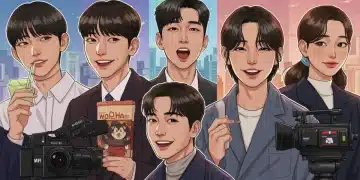 Five rising K-drama actors smiling, showcasing their breakout success in 2024.