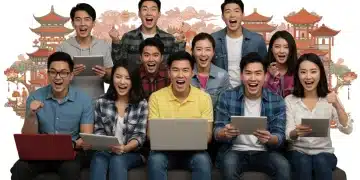 Young Americans engrossed in C-Dramas on various devices, cultural elements in background