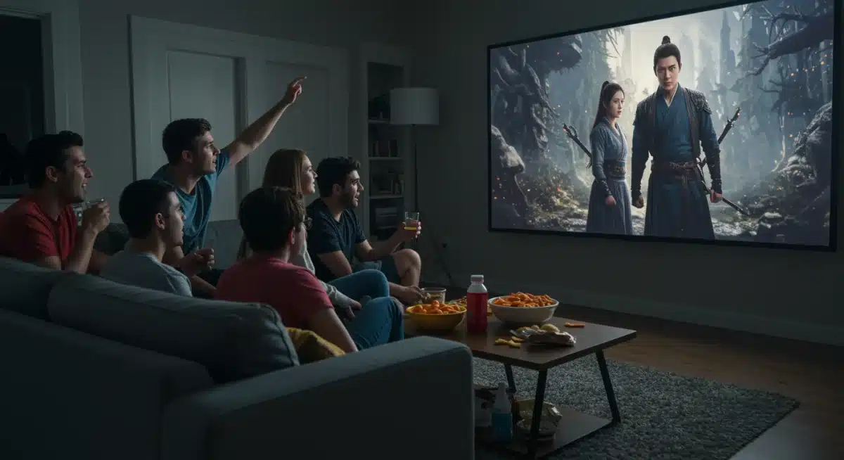 American audience captivated by a fantasy Asian drama on a large screen, reflecting increasing US viewership.