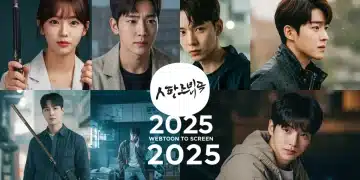 Four diverse Asian drama posters from webtoon adaptations, with 2025 release dates.