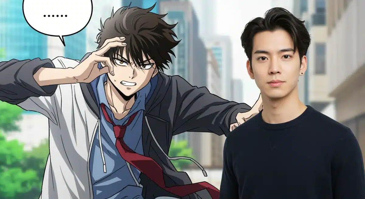 Webtoon character transforming into live-action drama actor, symbolizing adaptation.