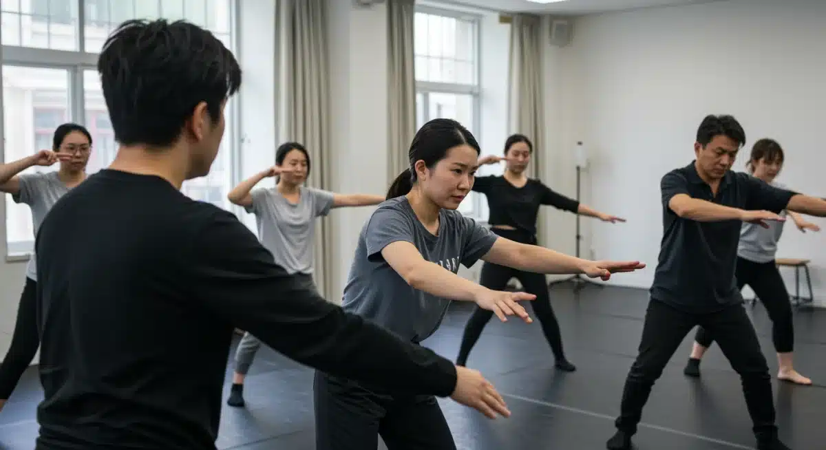 Asian actors practicing physical storytelling and body language in an acting workshop.
