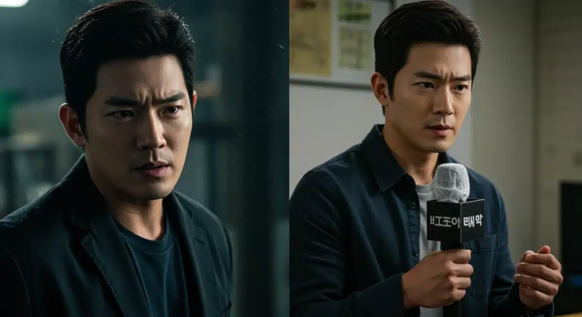 Asian drama actor showcasing duality: intense screen persona contrasted with approachable off-screen image.