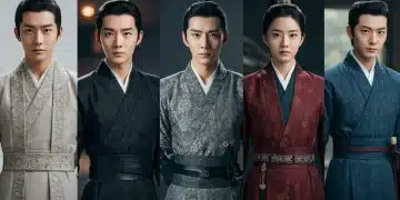 Five Asian drama actors in detailed costumes from their current series, illustrating character transformation through wardrobe.