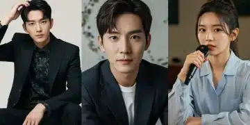 Three prominent Asian drama actors, each embodying a distinct, evolving public image, against a backdrop merging traditional and modern elements.
