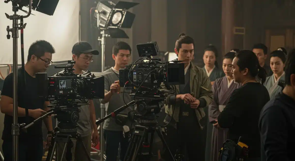 Asian drama film crew on set during an intense production shoot