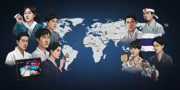 Global map with interconnected drama production hubs and distribution lines to the U.S.