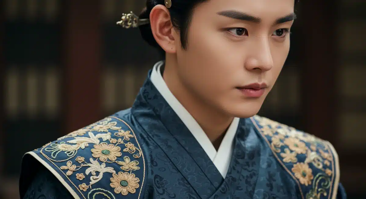 Intricate embroidery and historical accessories on an Asian drama costume, highlighting attention to detail in character portrayal.