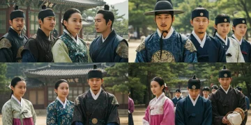 Four historical K-Drama characters in traditional attire, representing acclaimed series of 2025, with dynamic poses and expressions.