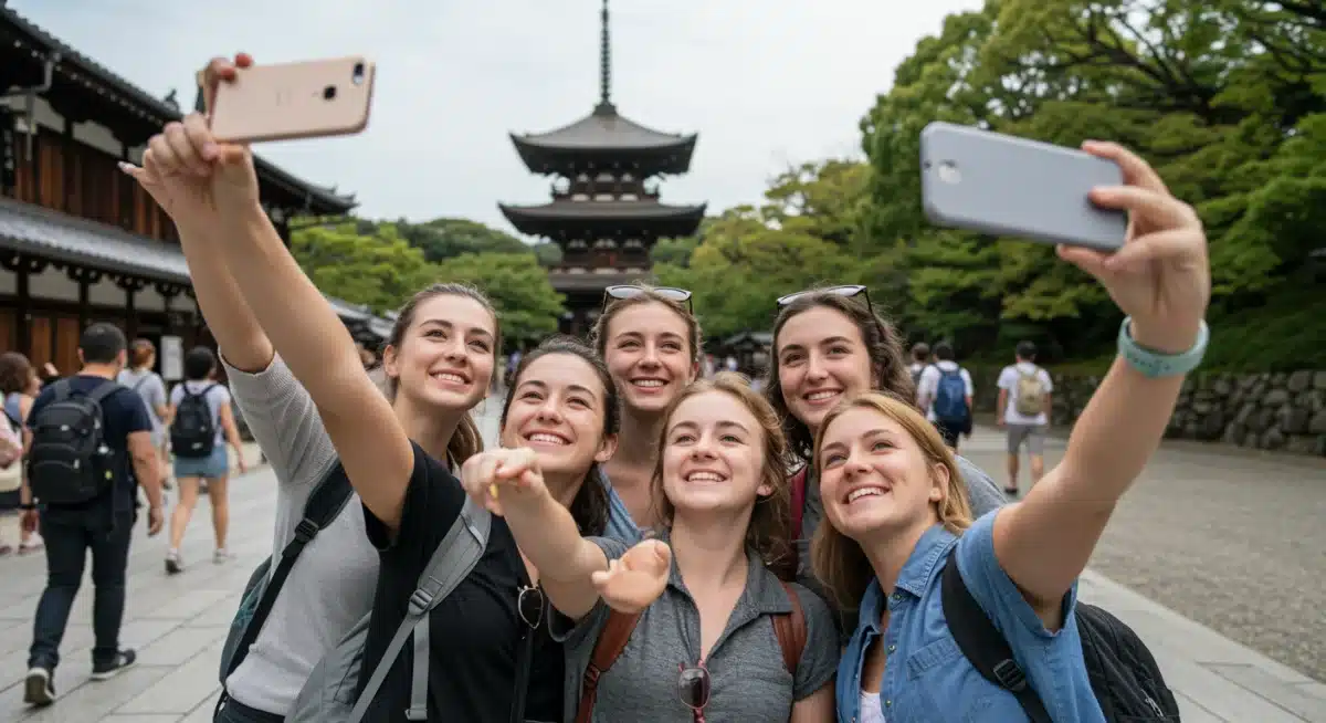 Young American tourists taking photos at a J-drama famous historical site in Kyoto, Japan.