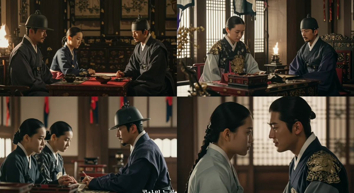 Contrasting scenes from two historical K-Dramas: a political court drama and a romantic historical encounter.