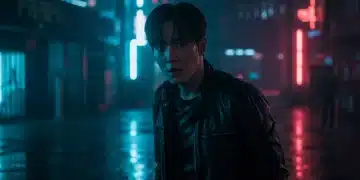 Dynamic scene from a 2026 K-drama thriller, dark city backdrop, intense action