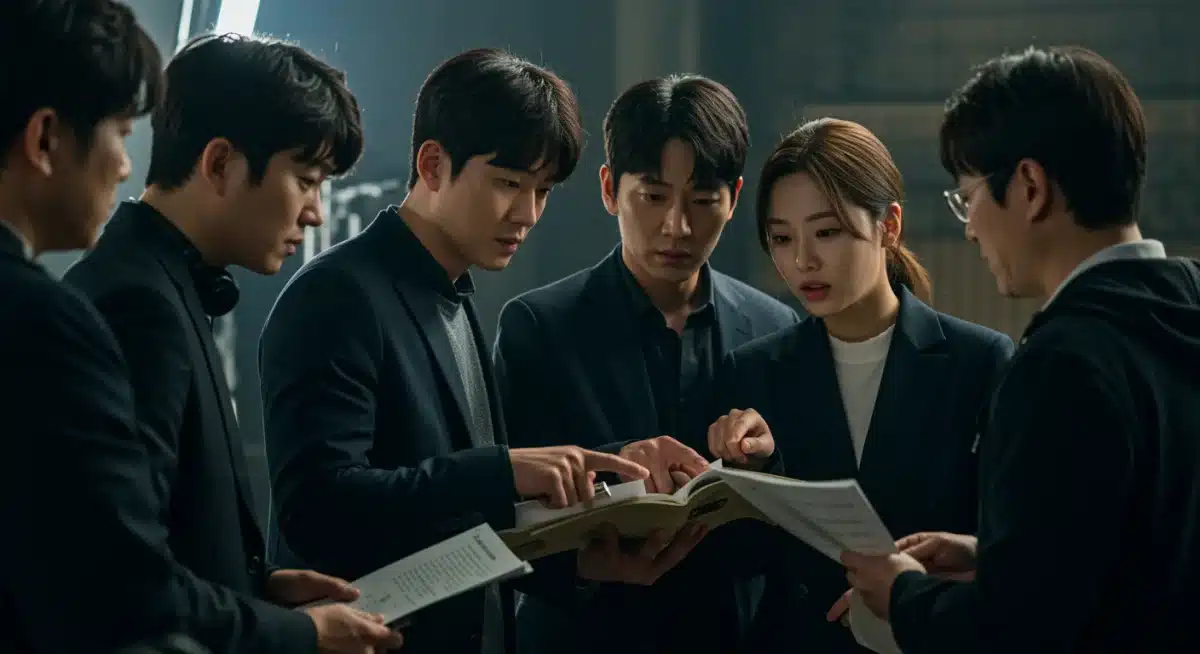 Behind-the-scenes shot of K-drama thriller actors reviewing script on set
