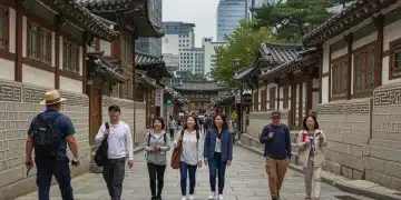 American tourists visiting a K-drama filming location in Seoul, South Korea, highlighting cultural appreciation.