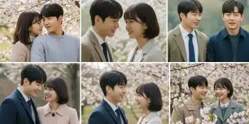 Collage of lead actors from popular Spring 2026 K-Drama rom-coms with spring flowers