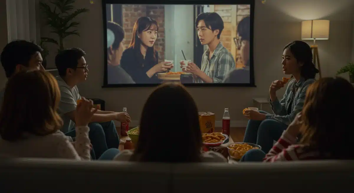 Friends watching an Asian drama, enjoying cultural content together