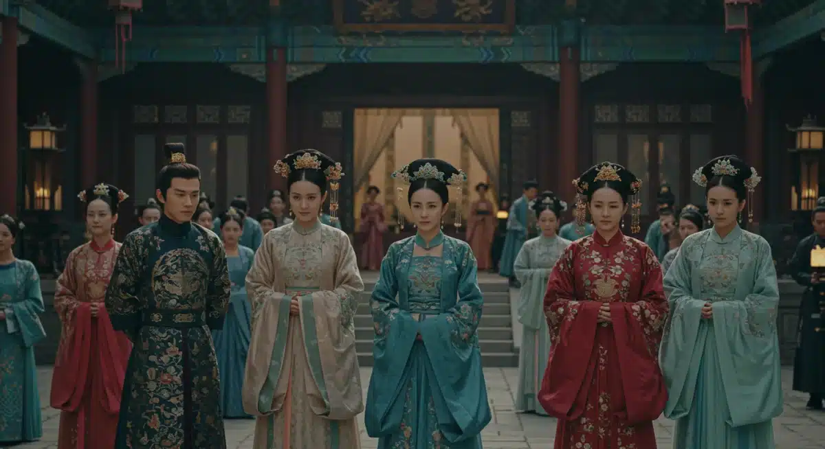 Historical C-Drama palace scene with actors in traditional costumes