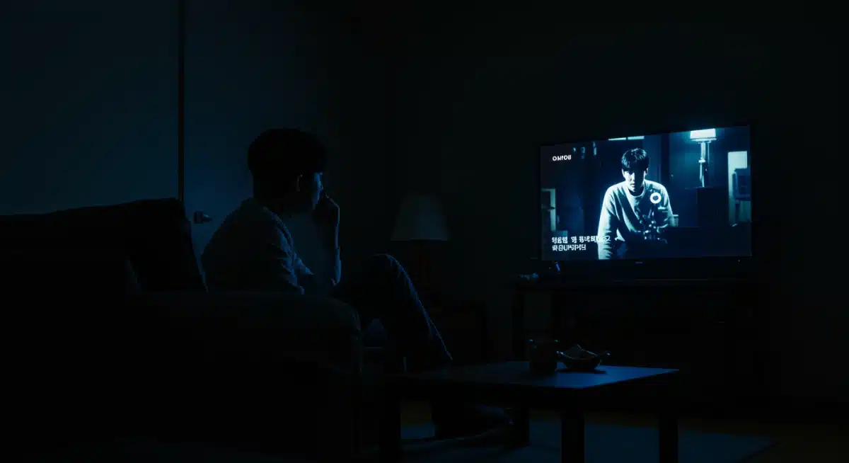 Person contemplating a K-drama ending on a TV screen in a dim room