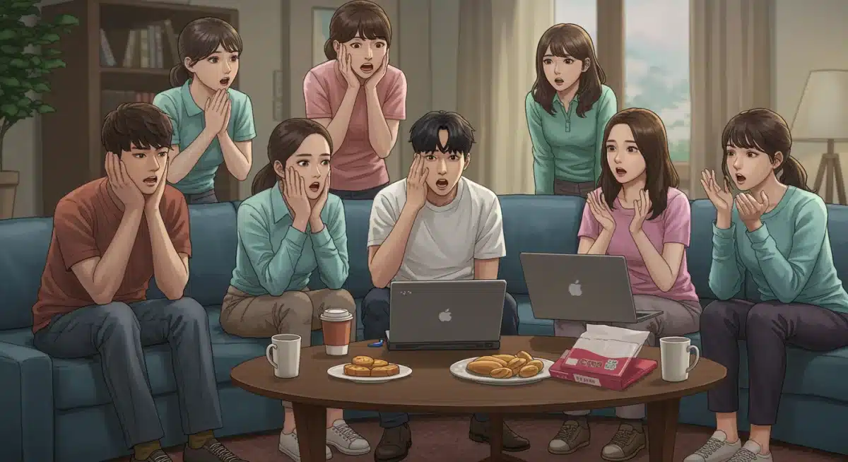Fans passionately debating controversial K-drama endings around a coffee table