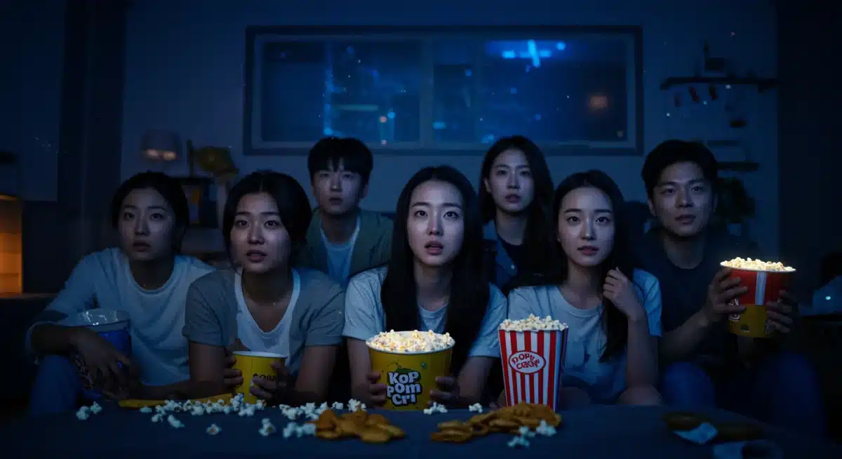 Fans excitedly watching new K-dramas on a streaming platform, diverse audience.