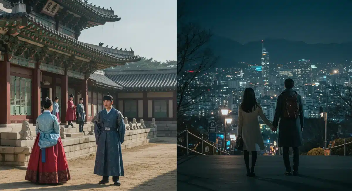 Contrasting scenes from historical and modern K-dramas, showcasing genre diversity.