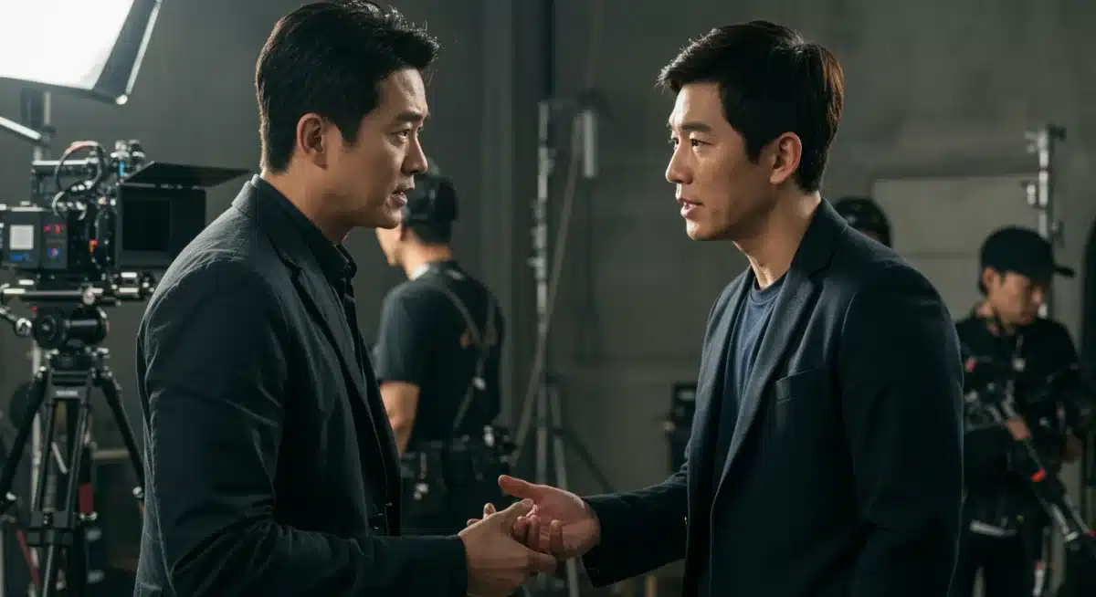 Veteran Asian actor mentoring new talent on a drama set.