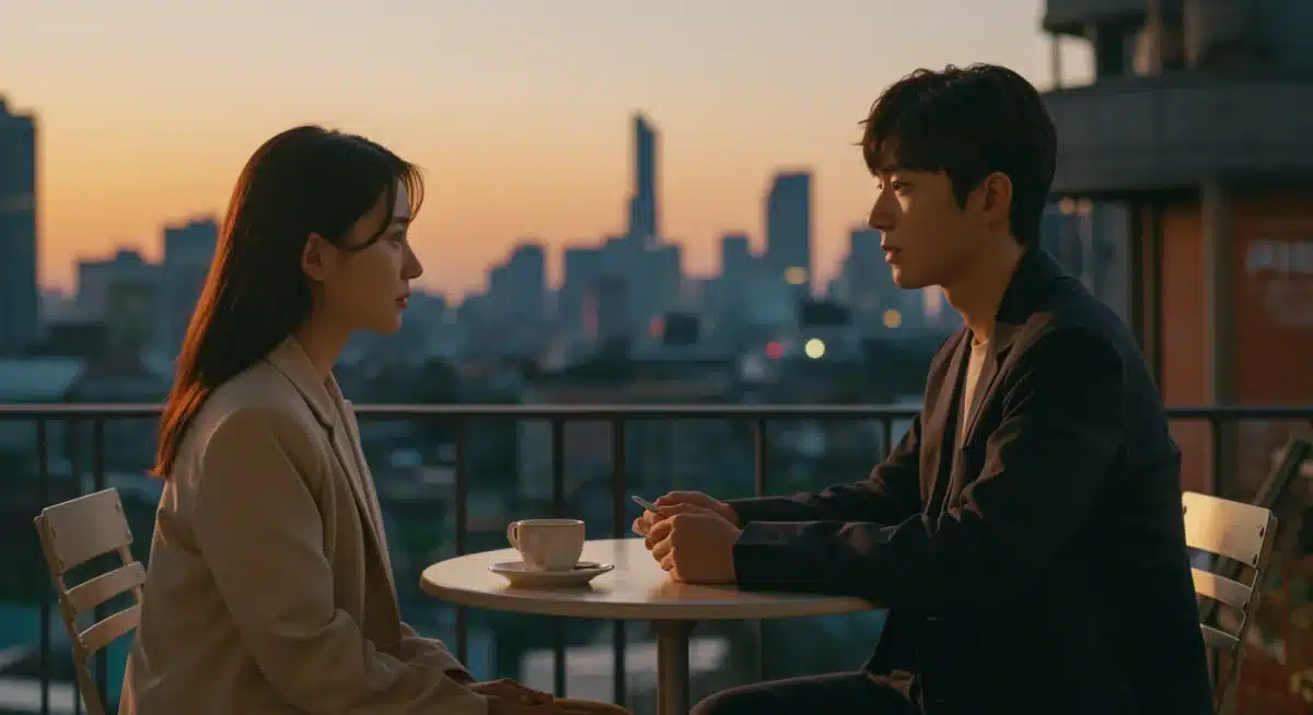 Modern romantic C-Drama couple in urban setting at sunset